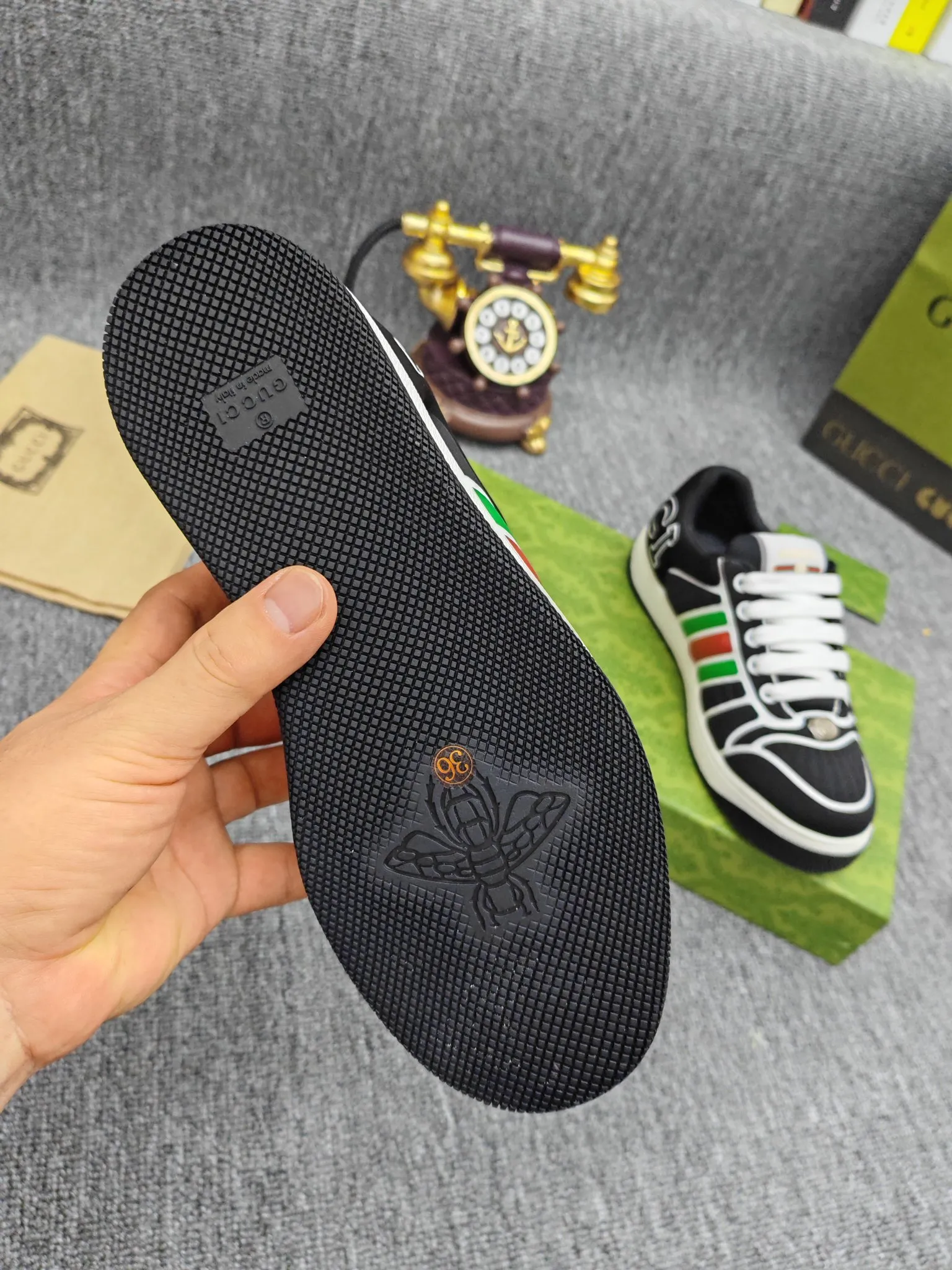 Factory price 600💰Screener series embellished web sneakers. This item is from the Gucci Lido series. Its design is inspired by the summer style and beach clubs of the Italian coast. The Screener series of sneakers draws inspiration from classic sneakers from the 1970s and takes its name from a special defensive move in sports. This shoe from the 2024 Pre-Fall collection is crafted from yellow rubber, a technical and malleable opaque material, with striped webbing on the sides and an embossed Gucci printed logo on the heel. Yellow rubber, opaque and technological in appearance. Red and green webbing decorated with metal Double G oval enamel details. Gucci printed embossed logo. Women 35-40, men 38-45, (men 38 and 45 need to be customized)